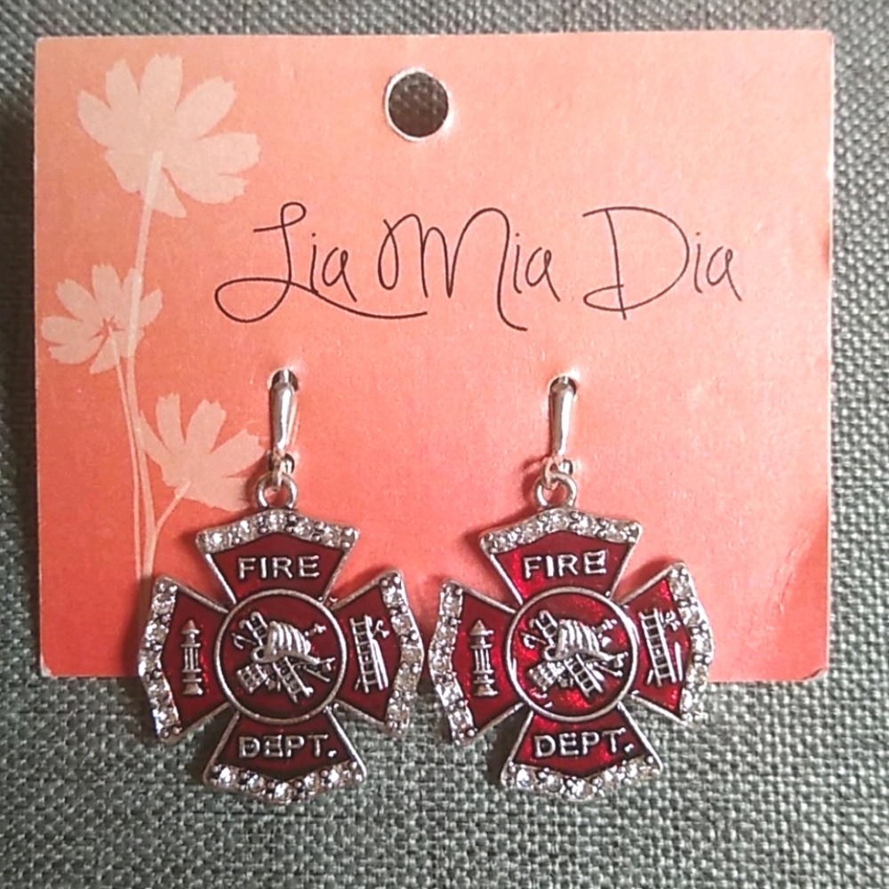 😻 3 For $15 Fire Dept Red Bling Dangle Earrings